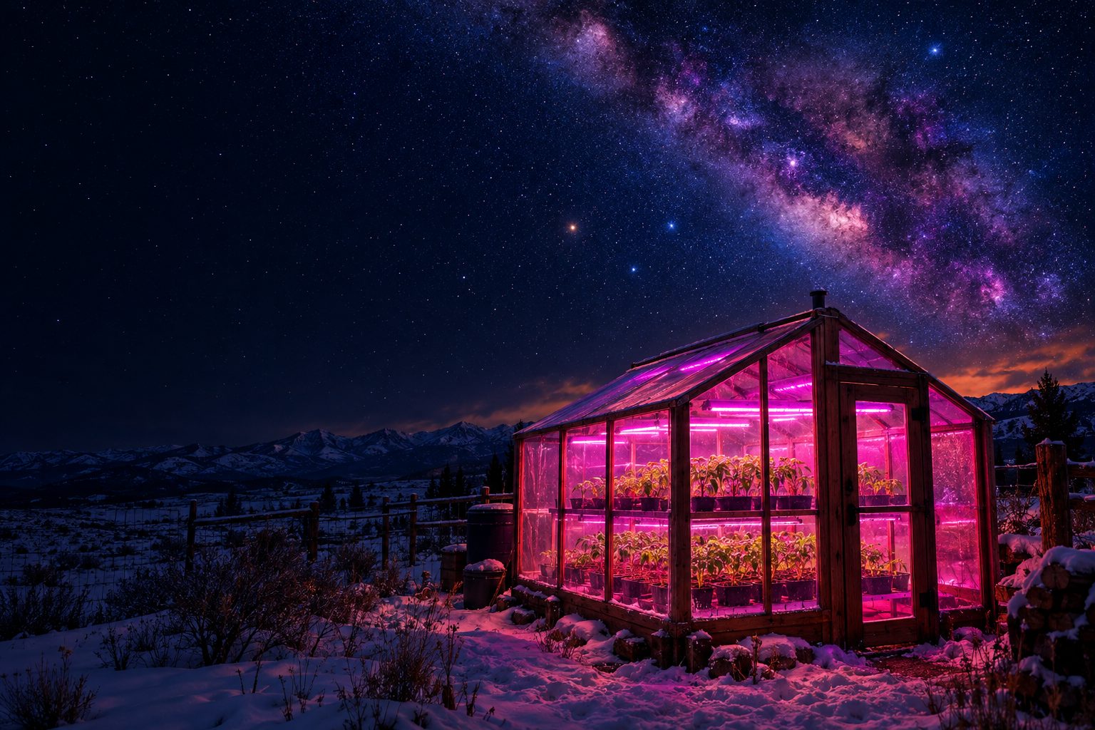 A backyard greenhouse glowing magenta under the Milky Way on a snowy Idaho night