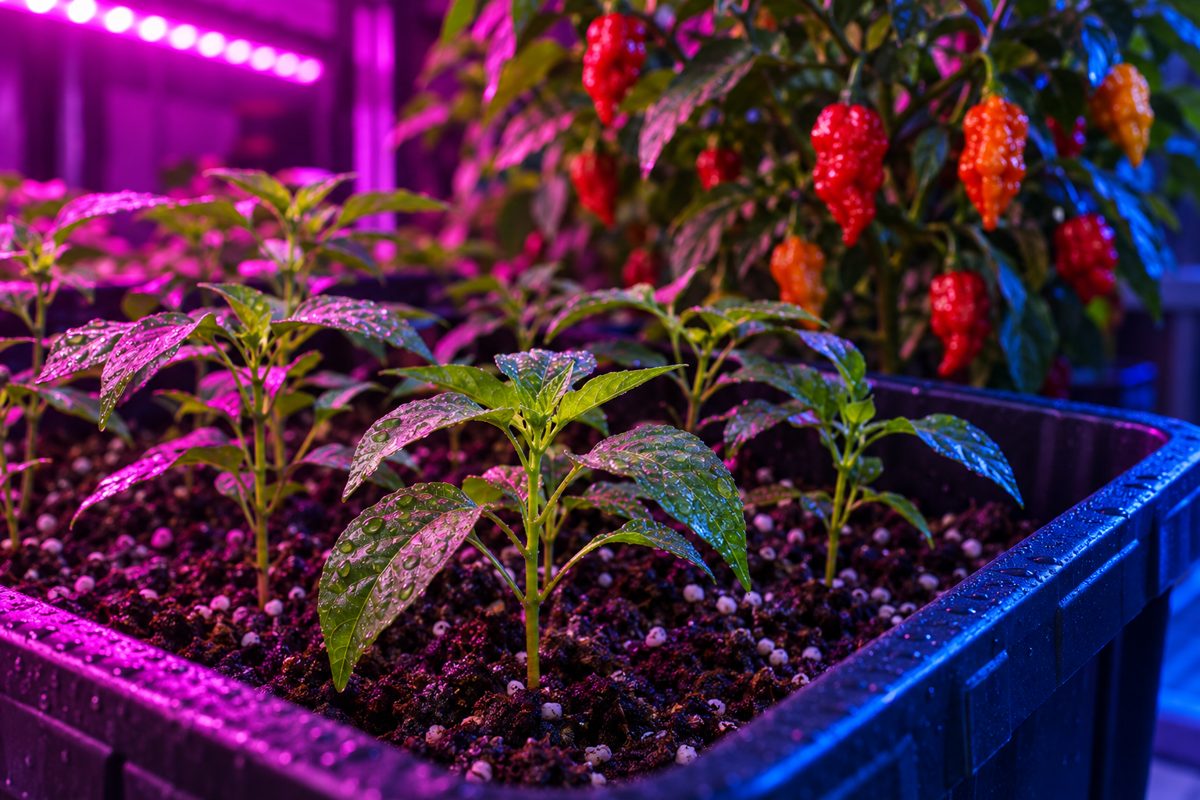 Superhot pepper seedlings under a magenta grow light